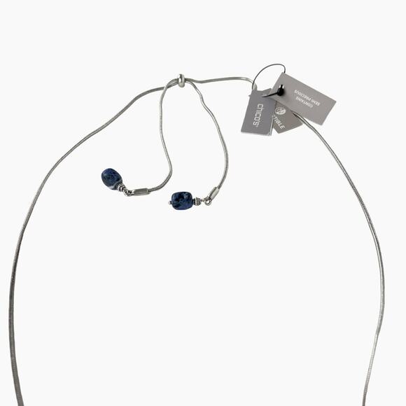 Chicos Beaded Pendant Necklace Tags Blue Silver Tone Pull Adjustable Slide Chain - Picture 8 of 10